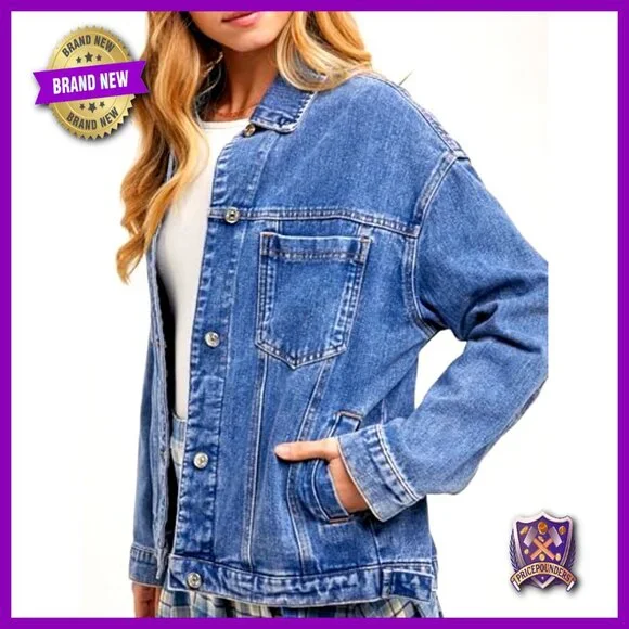 Classic Distressed Denim Jacket Oversized Y2K Vintage Button Down Long Sleeve